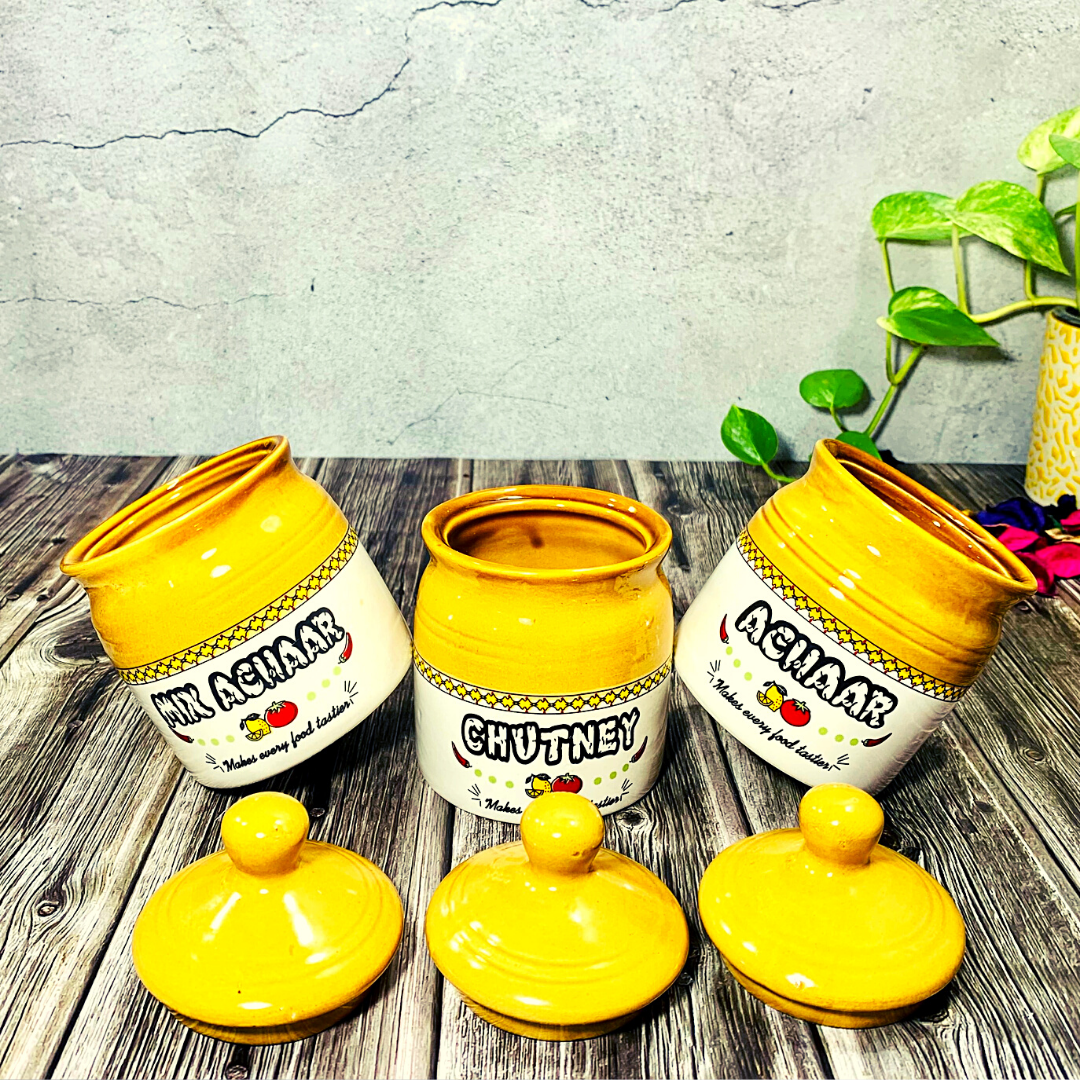 Homefrills Handpainted Achar/Chutney/Pickle serving Ceramic Jars & Containers with Lid for Kitchen & Dinning Table, Chutney/Achar/Pickle serving set(3 jars with Lid ) Colour-Brown,300 ml